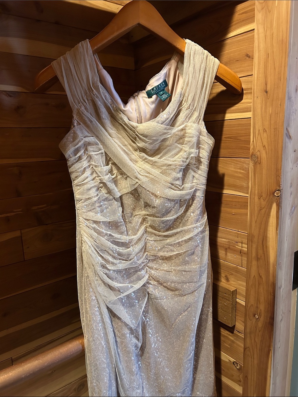 Adrianna Papell Champagne One-Shoulder Ruched Gown